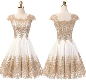Złota aplikacja krótkie suknie balowe z rękawem 2019 kwadratowy dekolt Ruched sukienki na powrót do domu sukienka na studniówkę formalne suknie paolo sebastian