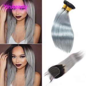 Extensiones de cabello virgen brasileño 3 paquetes con cierre de encaje 4X4 Dos tonos Color 1B Cabello gris liso con cierre 4 * 4 con cabello de bebé