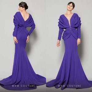 2020 Gorgeous Mermaid Evening Dresses High V-Neck Långärmad Elegant Formell Prom Klänning Sash Sweep Train Satin Ruched Party Gown Hot Sell