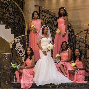 Elegant Nigeria One Shoulder Chiffon Long Bridesmaid Dresses Watermelon Lace Top Ruched Formal Gowns Plus Size Maid Of Honor Gowns BD8959