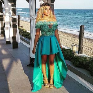 Short Front Long Back Prom Dresses High Low Satin Evening Party Gowns Illusion Neck Appliques Green Formal Women Dress