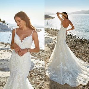 Eddy k Strand Meerjungfrau Brautkleider Perlen Spaghetti Hochzeit Brautkleider abiti da sposa Spitze rückenfreies weißes Hochzeitskleid Plus Size