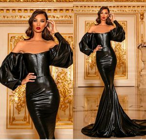 Black Mermaid Prom Gowns 2020 Off Shoulder Long Sleeve Evening Gowns Zipper Back Formal Party Runway Fashion Dress