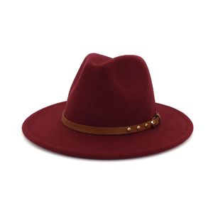 Fashion-Western-Fedora-Hüte für Damen und Herren, breite Krempe, Cowgirl-Geflecht, Lederband, Jazz-Hut, britischer Stil, modische Wollmütze mit flacher Krempe