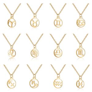 Ny Zodiac Sign Pendant Halsband för kvinnor Guldpläterad Horoskop Väduren Leo 12 Constellations Mode Rostfritt Stålkedja Män Smycken Present