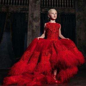 Gorgeous High Low Feather Beaded Flower Girl Dresses Appliqued For Red Wedding Pageant Gowns Tulle Sweep Train First Communion Dress
