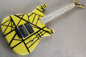 Fabriksanpassad gul elektrisk gitarr med svarta ränder, Maple Fingerboard, Floyd Rose, Chrome-maskinvara, kan anpassas