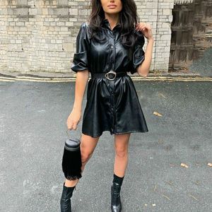 QNPQYX Black Faux Leather Button Up Shirt Dress Women sptring Short Sleeve Straight Loose Mini Dress Fashion Streetwear dresses wholesale