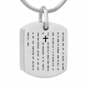 Biblia de acero inoxidable Lords Oración Cross Cross Urn Collar Collar Silver Square Tag Cremation Joyería con kit de llenado