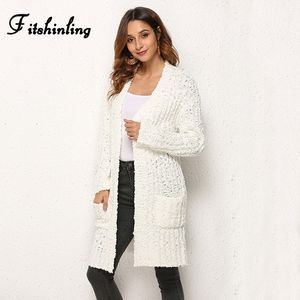 Fitshinling Boho Holiday Winter Long Cardigan Female Fashion Slim Pockets White Knitted Jackets Women Cardigans Outerwear 2019 DT191023