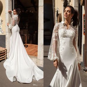 Innocentia Koronki Syrenki Suknie Ślubne Collar Neck Puffy Długie Rękawy Suknie Ślubne Plus Size Appliqued Satin Wedding Sukienka tanio