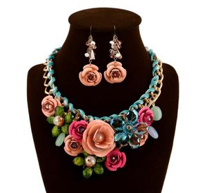 6 colori donne fiore colorato strass pendente dichiarazione collana orecchini gioielli set gioielli di moda abito da sposa da sposa Jew261K