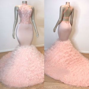 Lekkie Różowe Mermaid Prom Dresses 2019 Bez rękawów Wysokiej szyi Koronki Cekinowe Suknie Wieczorowe Backless Loste Sweep Pociąg Koktajl Dresses