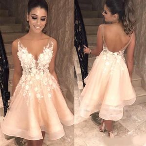 Nowy Sexy Backless Champagne Homecoming Dresses V Sheer Neck Paski 3D Kwiatowy Aplikacja Party Cocktail Sukienka Formalna Eevning Wear