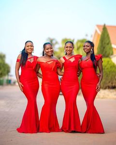 Red African Mermaid Bridesmaid Dresses Off The Shoulder Floor Length Garden Country Wedding Guest Gowns Maid Of Honor Dress Plus Size BD8930