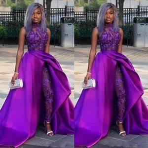 Sexy Jumpsuits Evening Gowns With Detachable Train High Neck Lace Appliqued Bead Prom Dress Luxury African Party Women Pant Suits