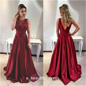 Elegant Illusion Crew Neck Satin A Line Prom Dresses Sleeveless Lace Applique Backless Party Evening Dress ED1225