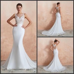 Elegant vit sheer nacke bröllopsklänningar sjöjungfru Baklösa illusion spets applikationer Chiffon Long Beach Boho Bridal Gowns Vestidos de Soiree