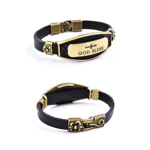 Cruz encantos pulseiras para homens Deus abençoe carta vintage liga retro pulseira de couro genuíno moda homem pulseira preto marrom jóias presentes