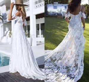 2019 Billiga Axel Beach Bröllopsklänningar Lace Open Back Court Train Country Wedding Dress Bridal Gowns Party Dress for Bride Custom