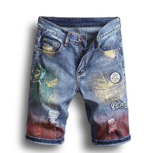 Calças de brim curtas dos homens atualizado pintura biker jeans calças curtas médio magro rasgado buracos denim shorts masculino designer jeans