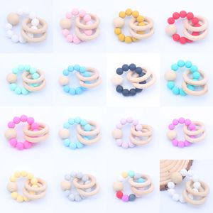 Baby Teether Rings set Food Grade Beech Wood Teething Ring Soothers Chew Toys Shower Play Round Wooden Bead Silicone teethers M1427