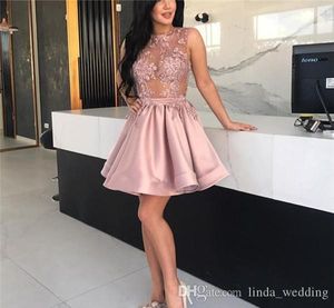 2019 Günstiges, sexy, transparentes A-Linien-Cocktailkleid in staubigem Rosa, Mini-Kurzurlaub, Club-Kleidung, Heimkehr-Partykleid in Übergröße, individuell angefertigt