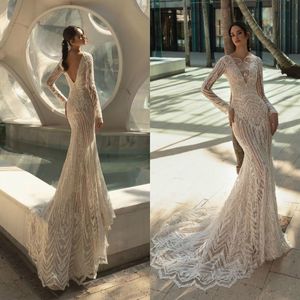Gorgeous Mermaid Full Lace Wedding Dress 2020 New Long Sleeve Beads Crystal Wedding Dresses Reception Sweep Train Bridal Gowns