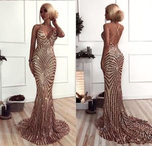 Sexy Mermaid Evening Cocktail Dresses Rose Gold Pink Sequins Sweep Train Trumpet Women Casual Occasion Prom Formal Gowns