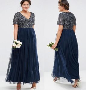 Plus Size Sequins Formal Prom Dresses V Neck Short Sleeve Ankle Length Evening Gowns Dark Navy Party Dress