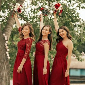 2024 Yeni Varış Kırmızı Nedime Ucuz Şifon Dantel Mücevher Boyun Kat Uzunluğu Ülke Düğün Nedime Elbiseleri Hizmetçi Onur Önlük 403