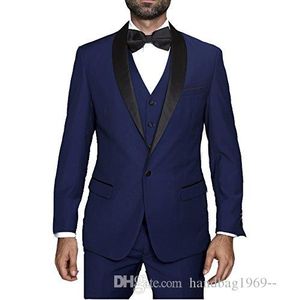Últimas Ternos Vestuário do casamento da Azul marinho Noivo Smoking xaile lapela Man Prom Dress Mens (jaqueta + calça + Vest + Tie) D: 254