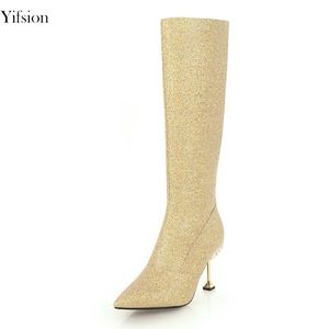 Rontic Women Knee High Boots 섹시한 스팽글 천 하이힐 부츠 뾰족한 발가락 골드 실버 블랙 댄스 슈즈 여성 미국 크기 3-10.5