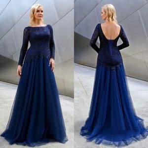 Blue Long Sleeve Mother of the Bride Dresses Lace Plus Size Wedding Guest Dress Jewel Neck Cheap Evening Gowns