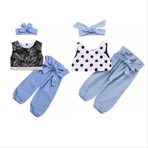 Kinder Kleidung Baby Mädchen Dot Cowboy Hohe Taille Kleidung Sets Sommer Weste Bowknot Hosen Stirnband Anzug Kind Top Rüschen Hosen haarband AYP549