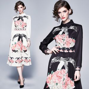 Toptan satış Yeni Bayanlar Çiçek Tasarımcısı Elbiseler Bayan Moda Fener Kol Pist Gömlek Kneenength Elbise Artı Boyutu Ofis Tasarımcısı Pileli Elbise