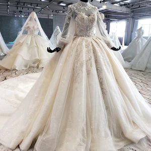 Luxury Ball Gown Wedding Dresss Beading High Neck Lace-up Back Pearl Crystal Sequins Lace Appliques Bröllopsklänningar Vestidos de Novia