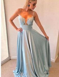 Light Sky Blue Evening Dresses 2019 A-Line Sheer Neck Spaghetti Straps Satin Long Evening Gown Enkel Prom Dresses Vestido de Fiesta