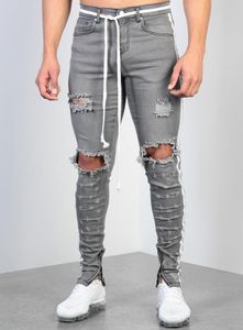 Erkek Yırtık Şerit Gri Skinny Jeans Moda Tasarımcısı Hi-Street sıkıntılı denim joggers diz delikleri yıkanmış yıkılmış ince fit pantolon