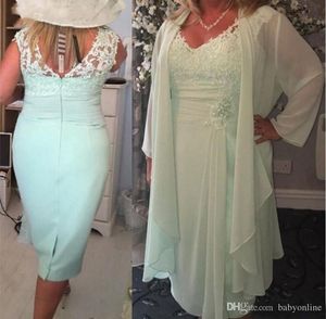 Size Sage Plus Green Sheath Of V Neck Chiffon Appliqued Pleats Knee Length Mother Evening Gowns Formal Dresses Custom