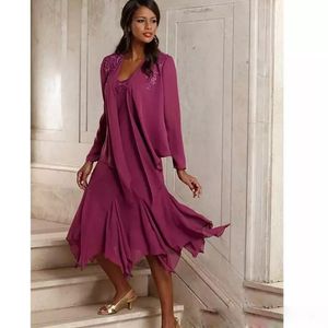 Fuchsia Moder av bruden Klänningar med jackor Lace Chiffong Tea Längd Mödrar Bröllopsgäster Klänningar Plus Storlek Vestido de Novia