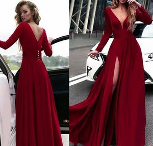 Sparkly profundo decote em V decote mangas compridas A linha Prom Dresses com Glamorous Slit Red Prom Party Dresses Evening Vestidos Custom Made