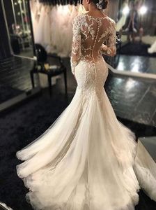 Dreaming Poet Long Sleeve Mermaid Scoop Wedding Dresses Mermaid Lace Beaded See Though Back Boho Wedding Reception Dress Vestidos De Novia