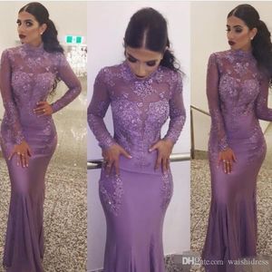 Elegant Dubai Arabic Lavender Mermaid Dresses High Neck långa ärmar Spetsapplikationer PESKININERA PROM DRESS Formella aftonklänningar