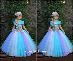王女の女の子のページェントのドレスオフ - 肩の蝶のアップリケ結婚式ボールガウン子供パーティードレスfg1329のための花の女の子のドレス