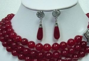 Necklace Fancy 3 Row Green/Red Jade Necklace Earring Ring Set Natural jewelry