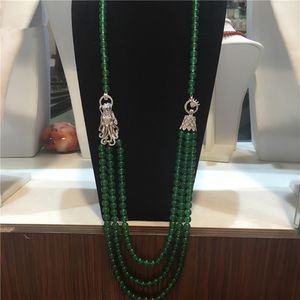 Collana da donna con catena lunga multistrato in giada verde da 8 mm, rubinetto con drago, micro intarsio, collana con chiusura in zircone, gioielli di moda