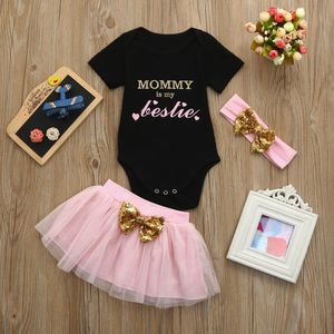 vestiti della neonata T-shirt manica corta lettera + gonna tutu rosa + fascia per capelli vestiti per bambini estate ragazza yenidogan bebek giyim