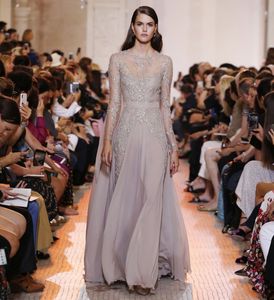 Ellie Saab Sequined A Line Aftonklänningar Sheer Jewel Neck Långärmad Balklänning Applikerad Sweep Train Chiffong högtidlig klänning