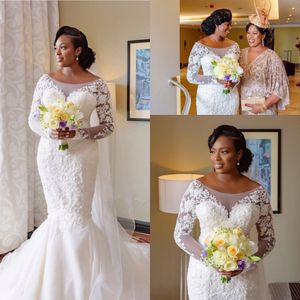 New Vintage Cheap Mermaid Wedding Dresses Scoop Neck Illusion Long Sleeves Lace Appliques Crystal Beaded Plus Size Formal Bridal Gowns